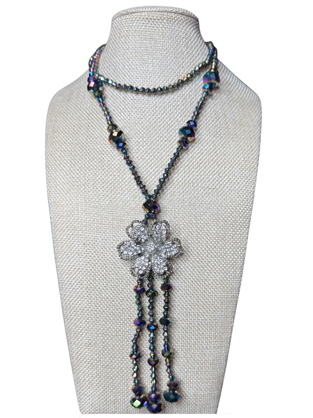 Iridescent Beaded Lariat Necklace with Crystal Flower Tassel - Women Jewelry